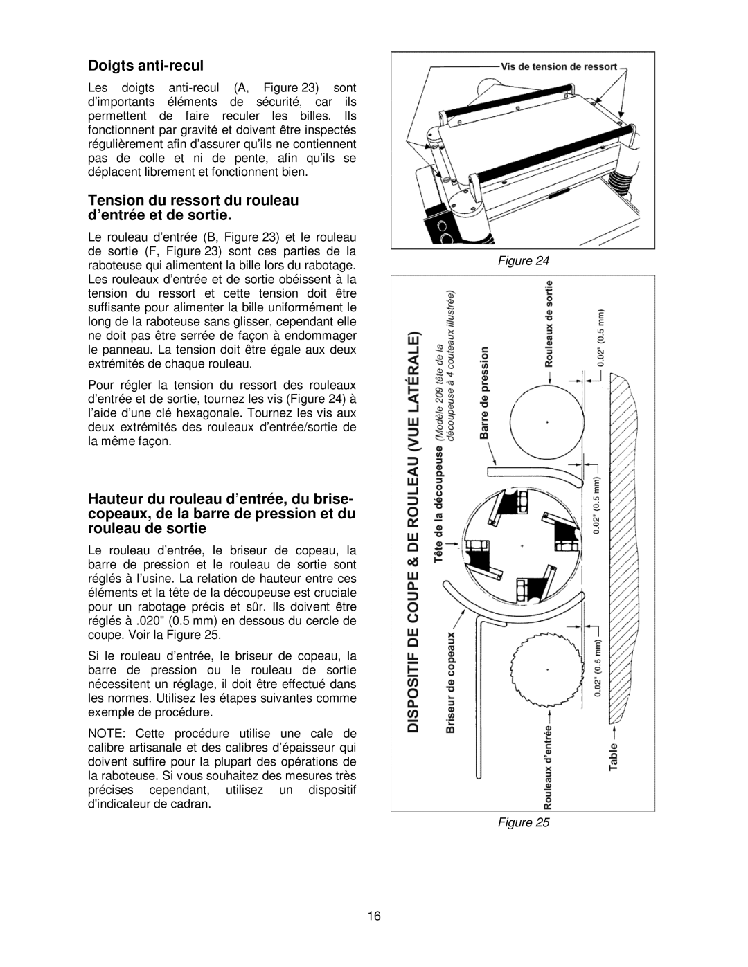 Powermatic 209HH operating instructions Doigts anti-recul, Tension du ressort du rouleau d’entrée et de sortie 