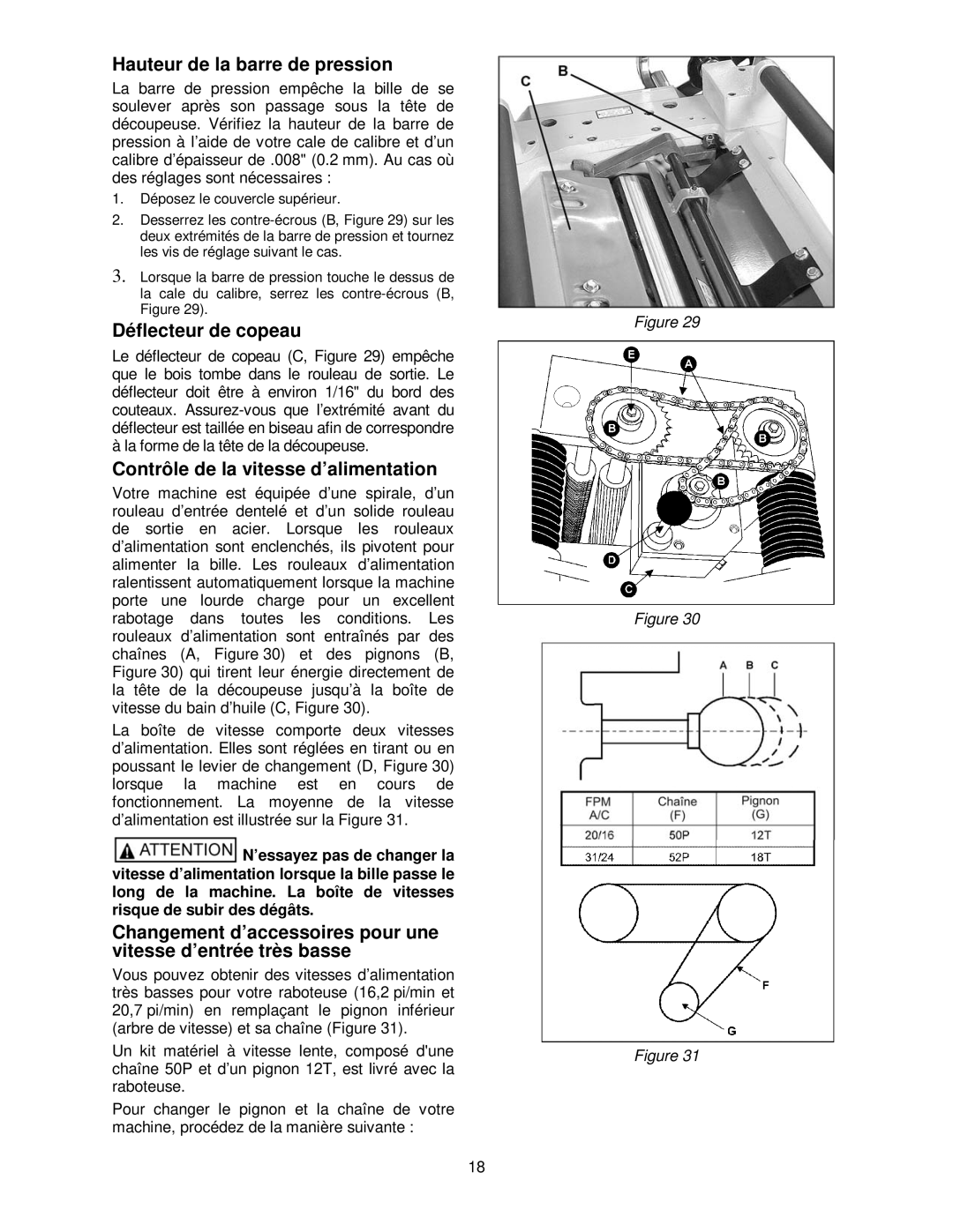 Powermatic 209HH Hauteur de la barre de pression, Déflecteur de copeau, Contrôle de la vitesse d’alimentation 