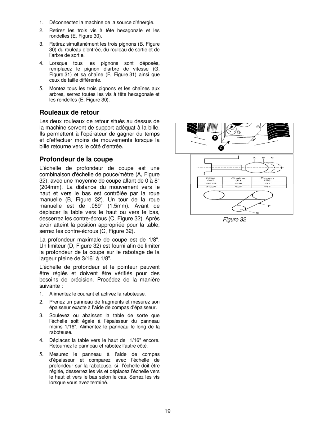 Powermatic 209HH operating instructions Rouleaux de retour, Profondeur de la coupe 