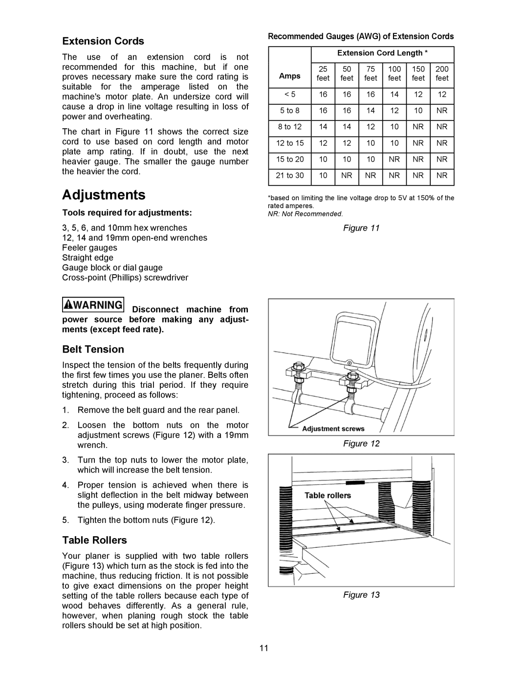 Powermatic 209HH operating instructions Adjustments, Extension Cords, Belt Tension, Table Rollers 