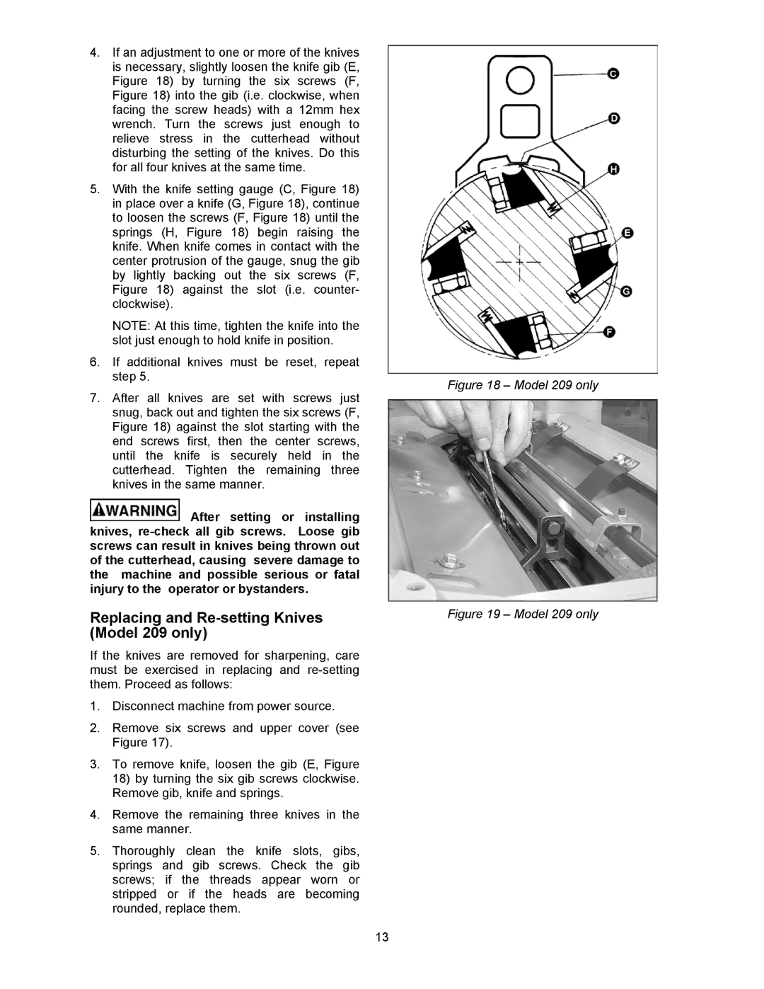 Powermatic 209HH operating instructions Replacing and Re-setting Knives Model 209 only 