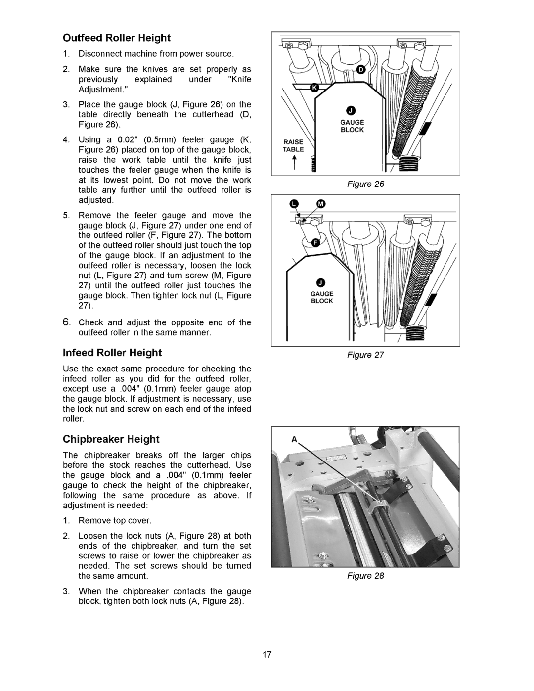 Powermatic 209HH operating instructions Outfeed Roller Height, Infeed Roller Height, Chipbreaker Height 