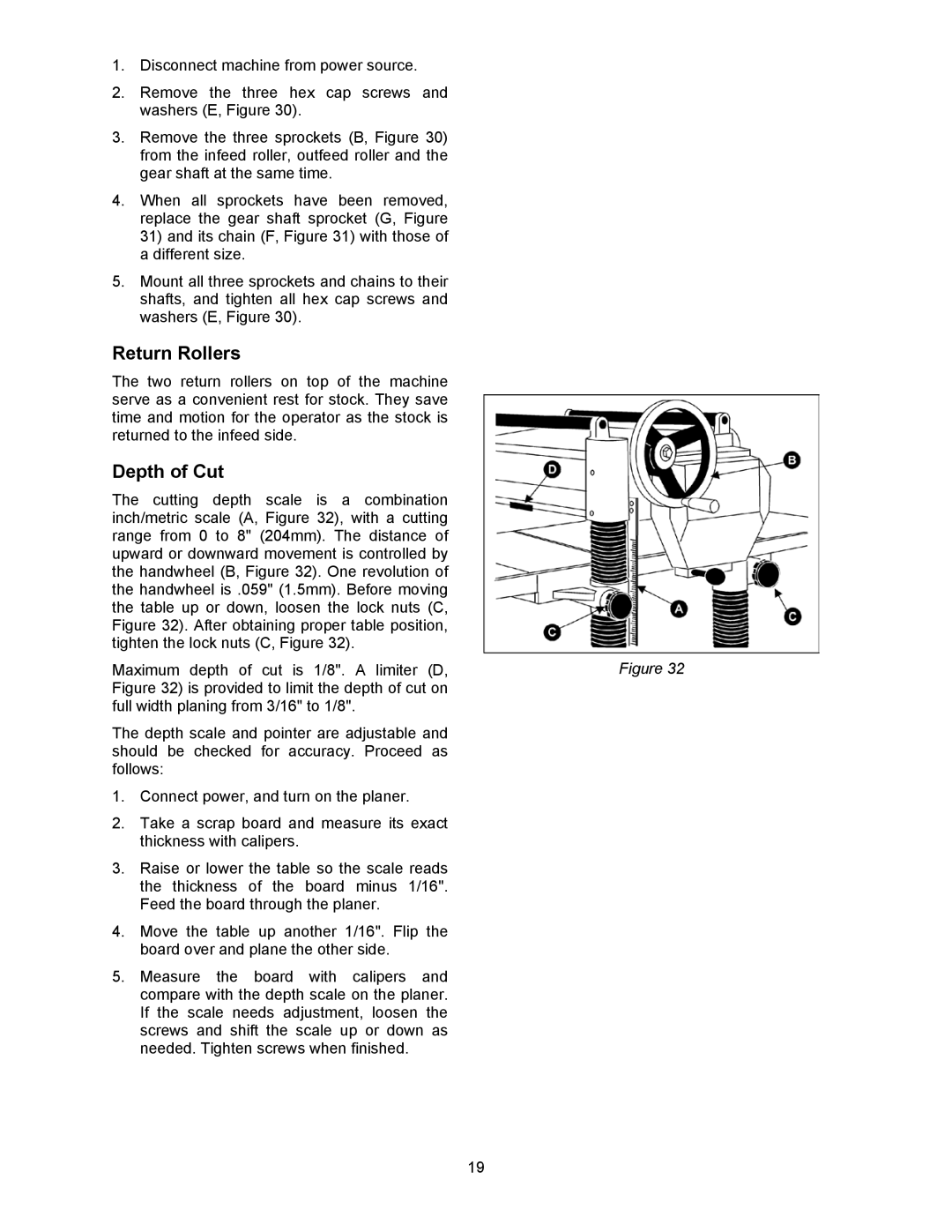 Powermatic 209HH operating instructions Return Rollers, Depth of Cut 