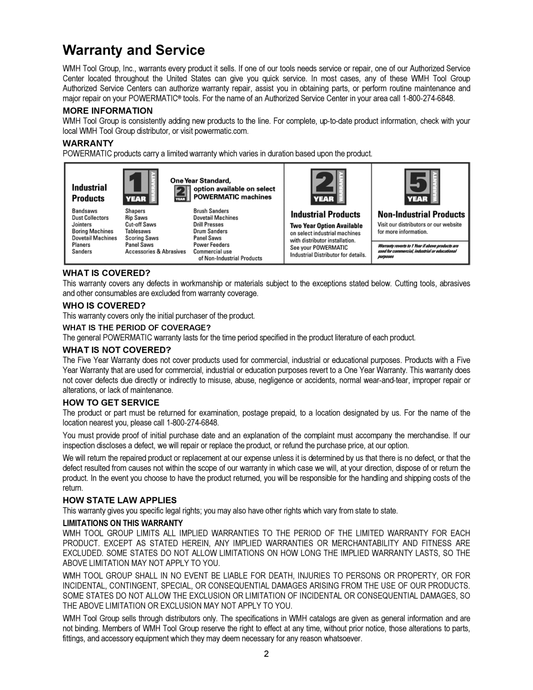 Powermatic 209HH operating instructions Warranty and Service, More Information 