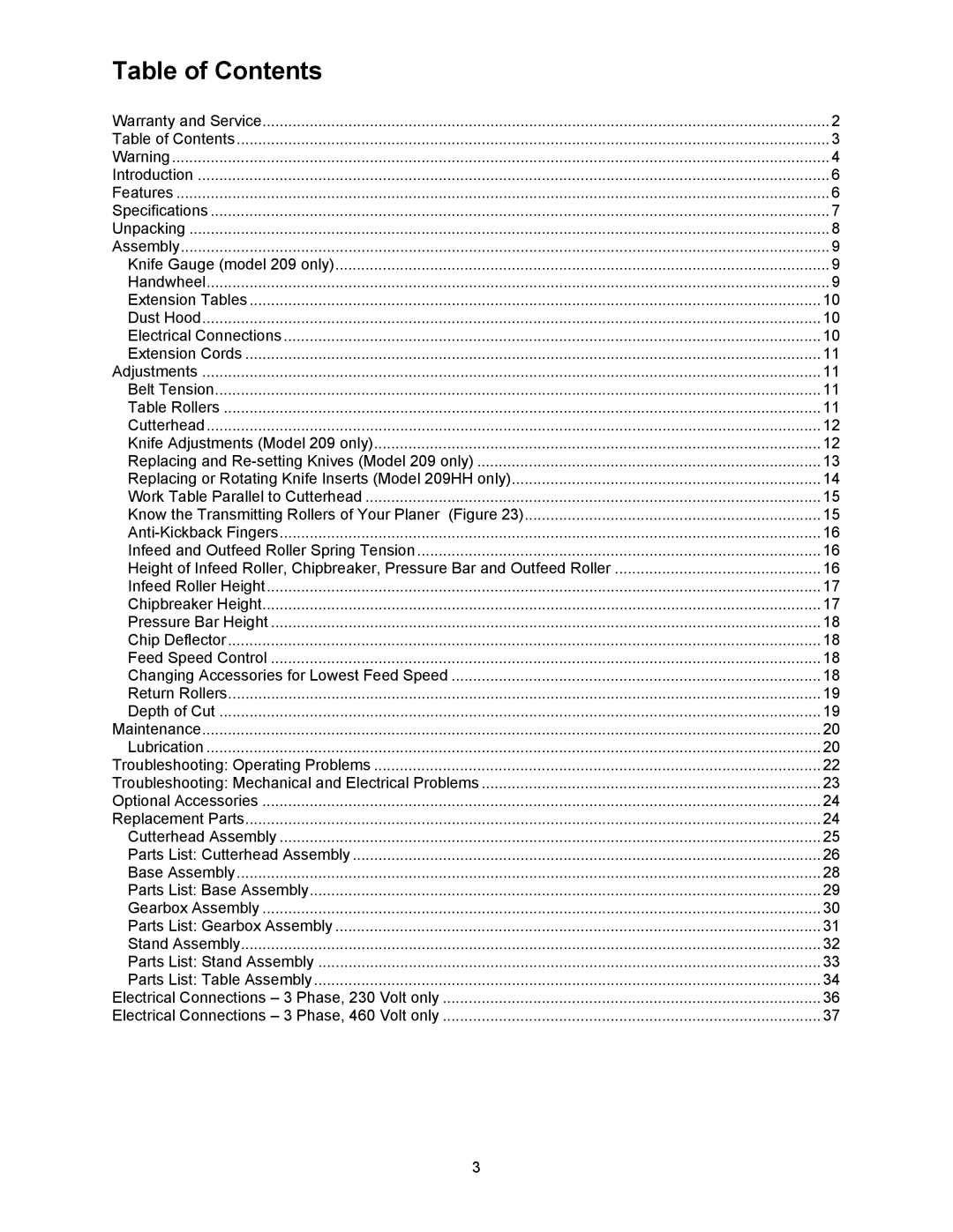 Powermatic 209HH operating instructions Table of Contents 