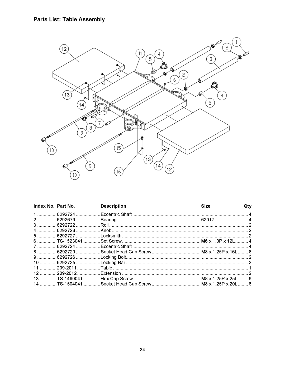 Powermatic 209HH operating instructions Parts List Table Assembly, TS-1523041, 209-2011 209-2012, TS-1490041, TS-1504041 