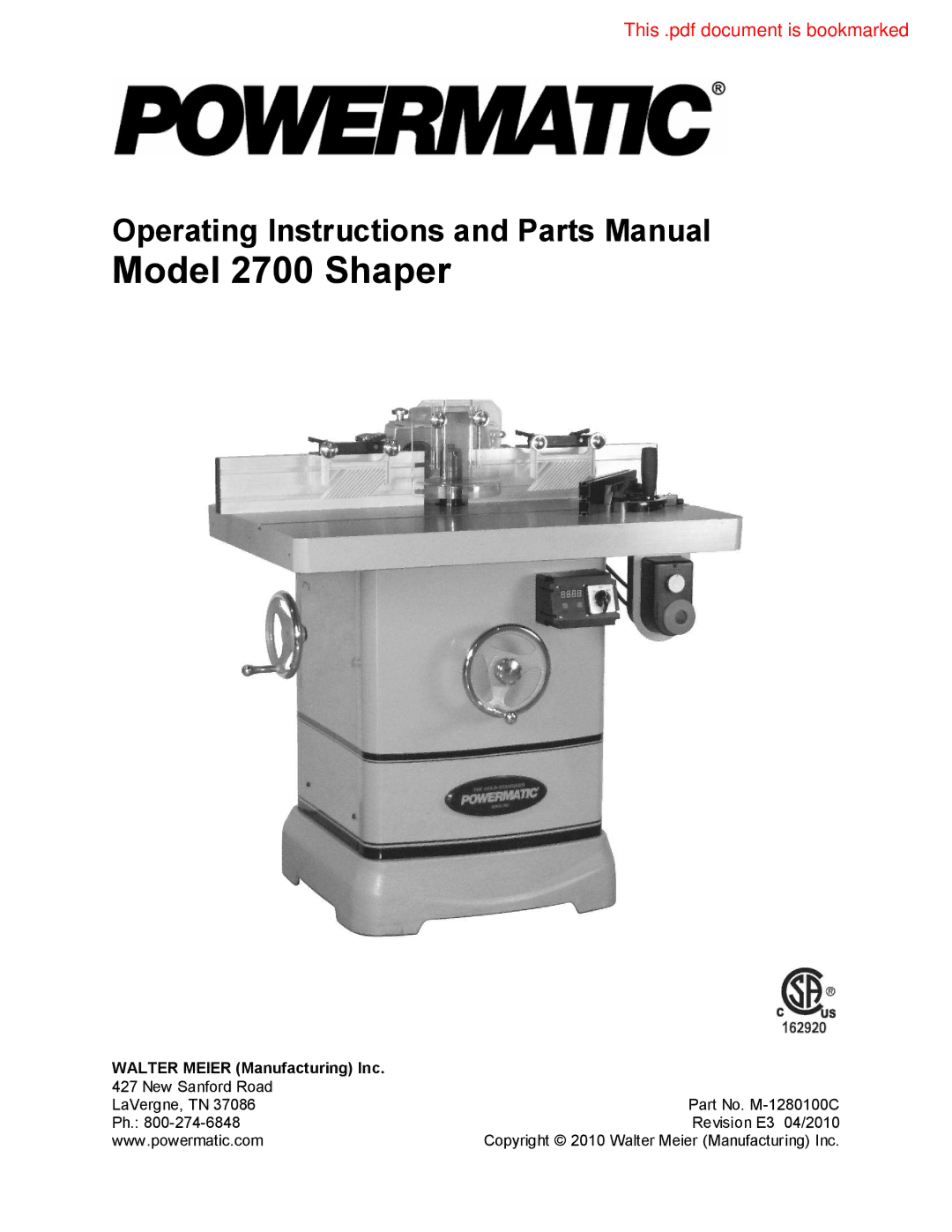 Powermatic manual Model 2700 Shaper 