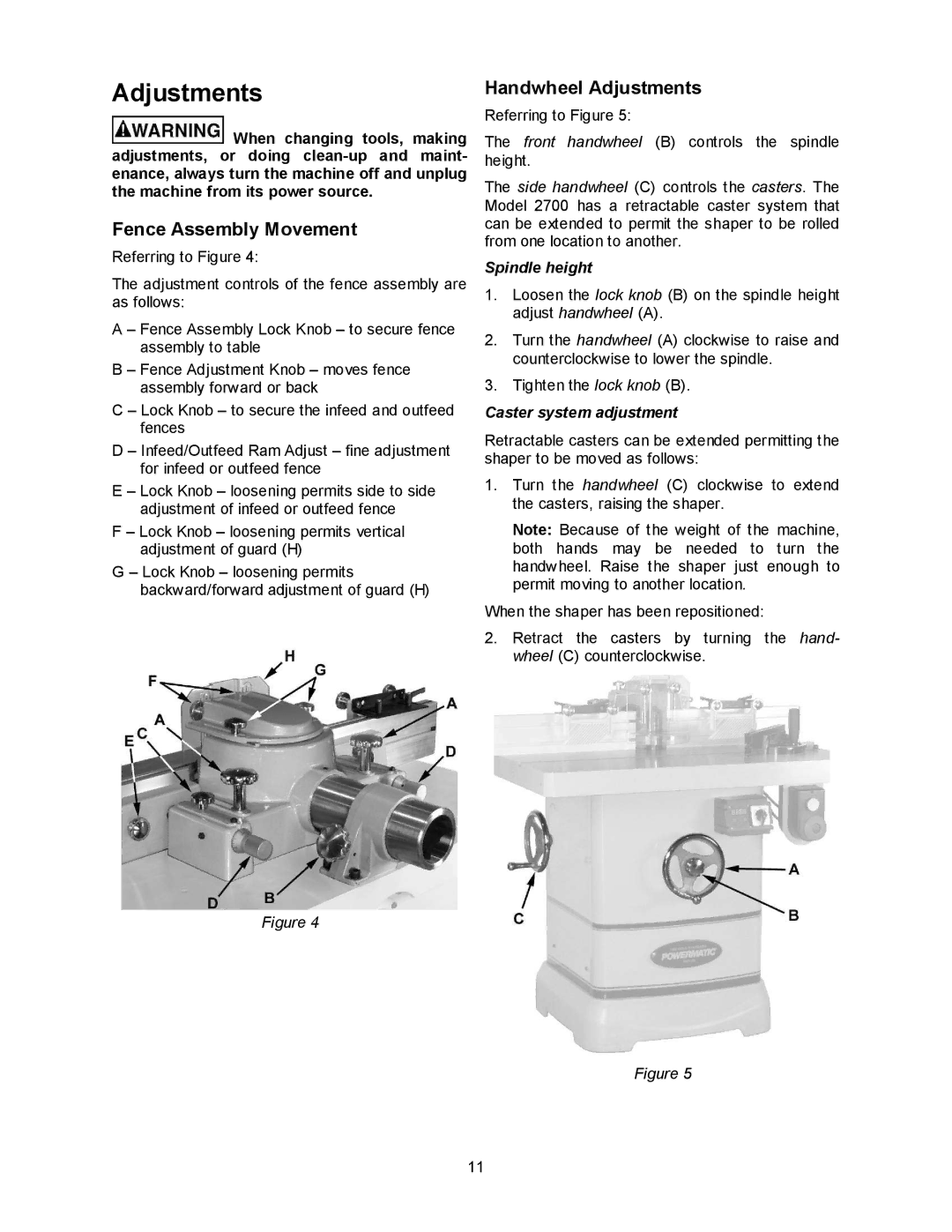 Powermatic 2700 manual Fence Assembly Movement, Handwheel Adjustments 