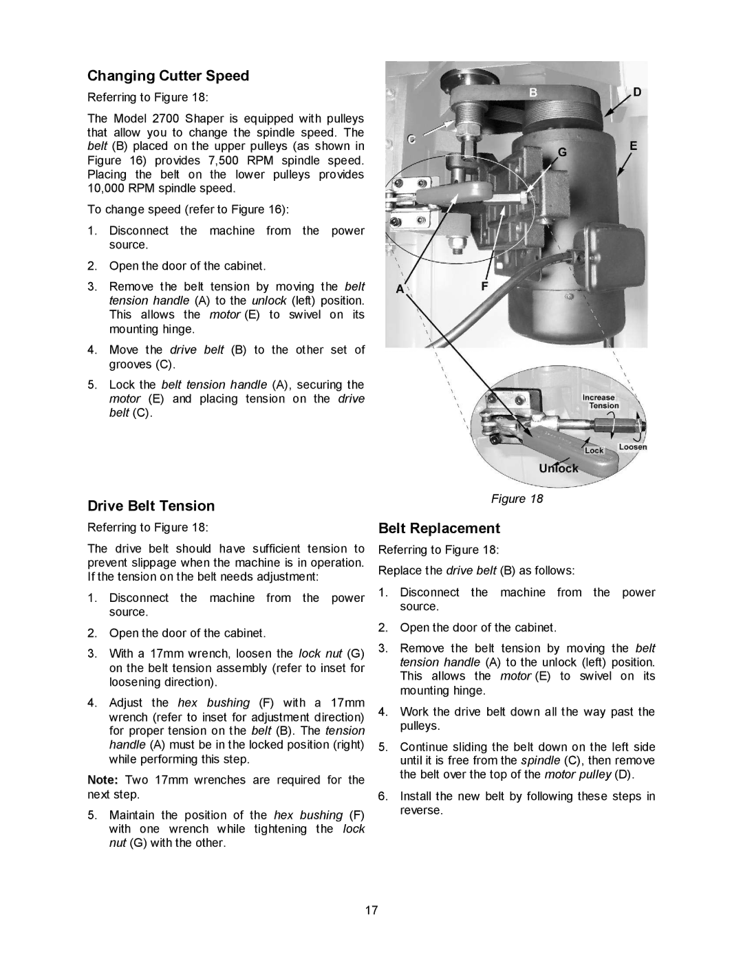 Powermatic 2700 manual Changing Cutter Speed, Drive Belt Tension, Belt Replacement 