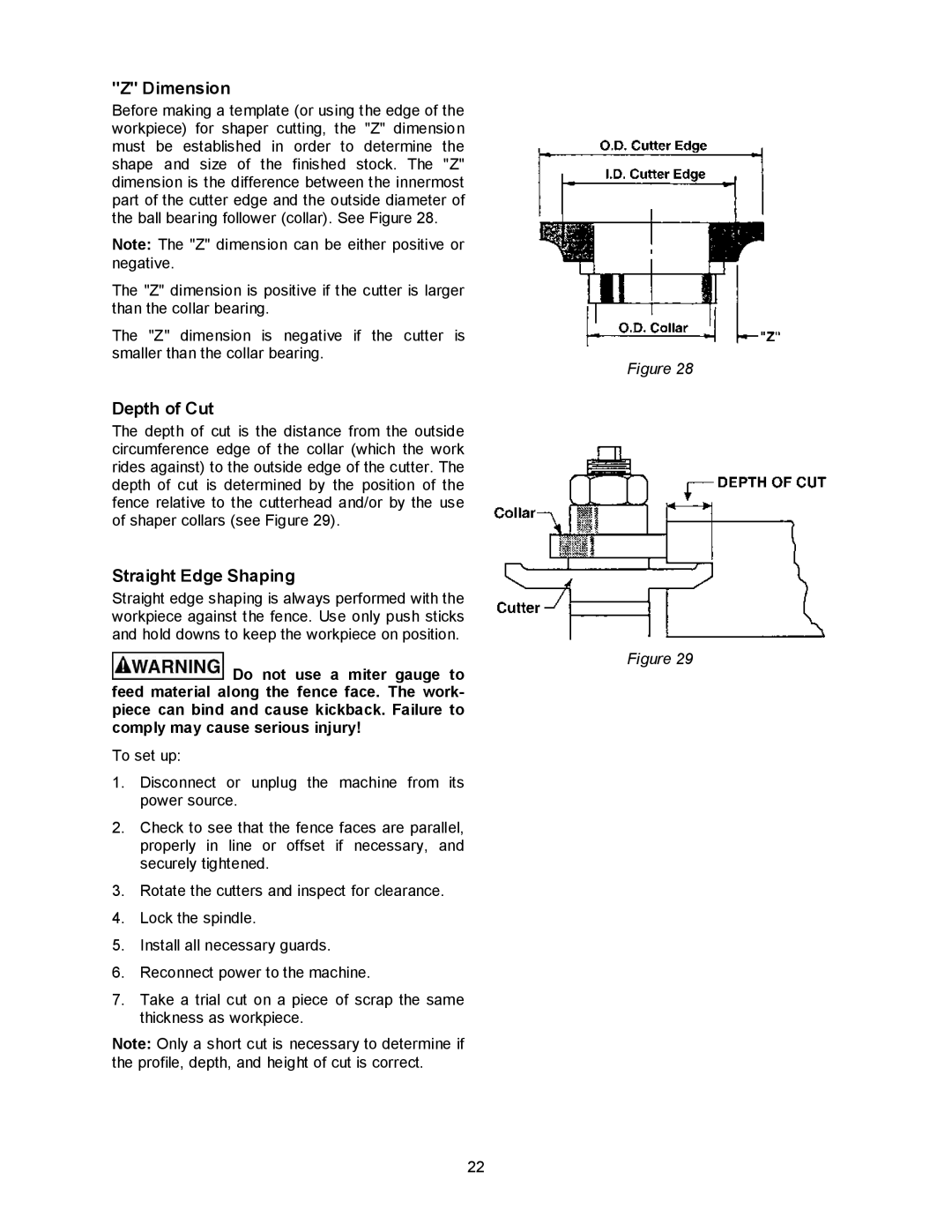 Powermatic 2700 manual Dimension, Depth of Cut, Straight Edge Shaping 