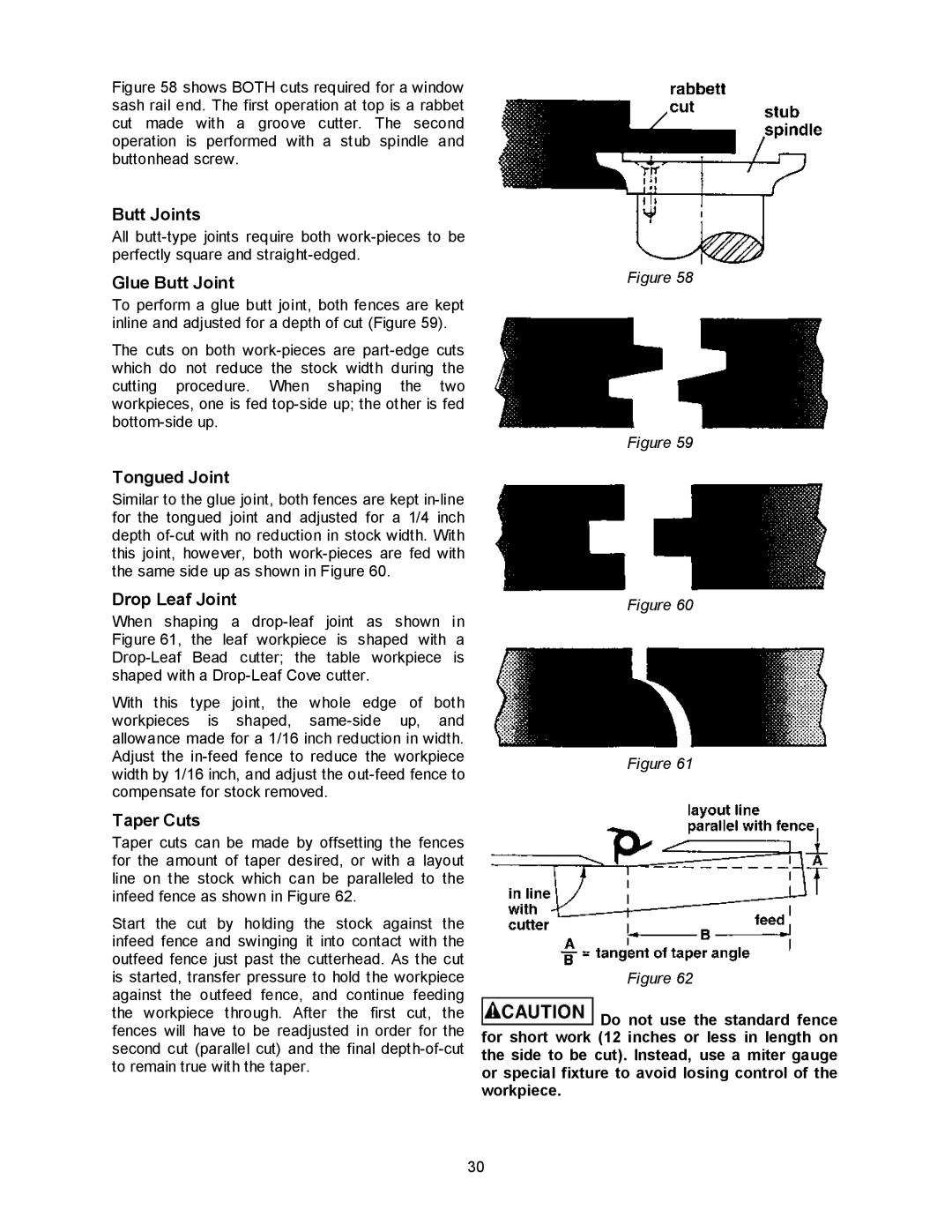 Powermatic 2700 manual Butt Joints, Glue Butt Joint, Tongued Joint, Drop Leaf Joint, Taper Cuts 