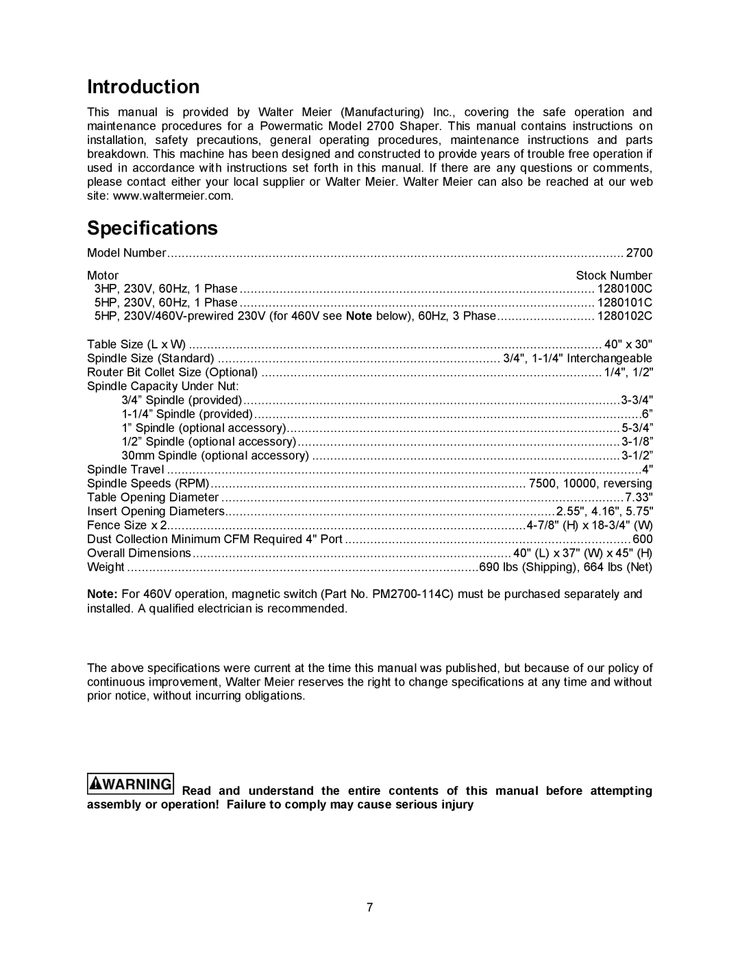 Powermatic 2700 manual Introduction Specifications, Spindle Capacity Under Nut 