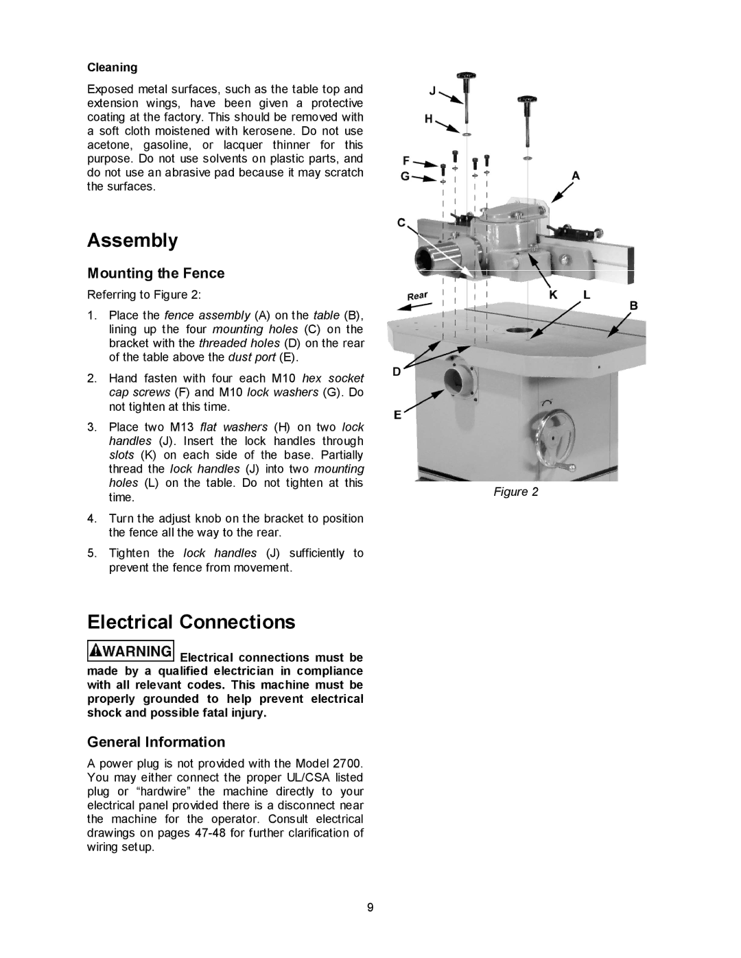 Powermatic 2700 manual Assembly, Electrical Connections, Mounting the Fence, General Information 