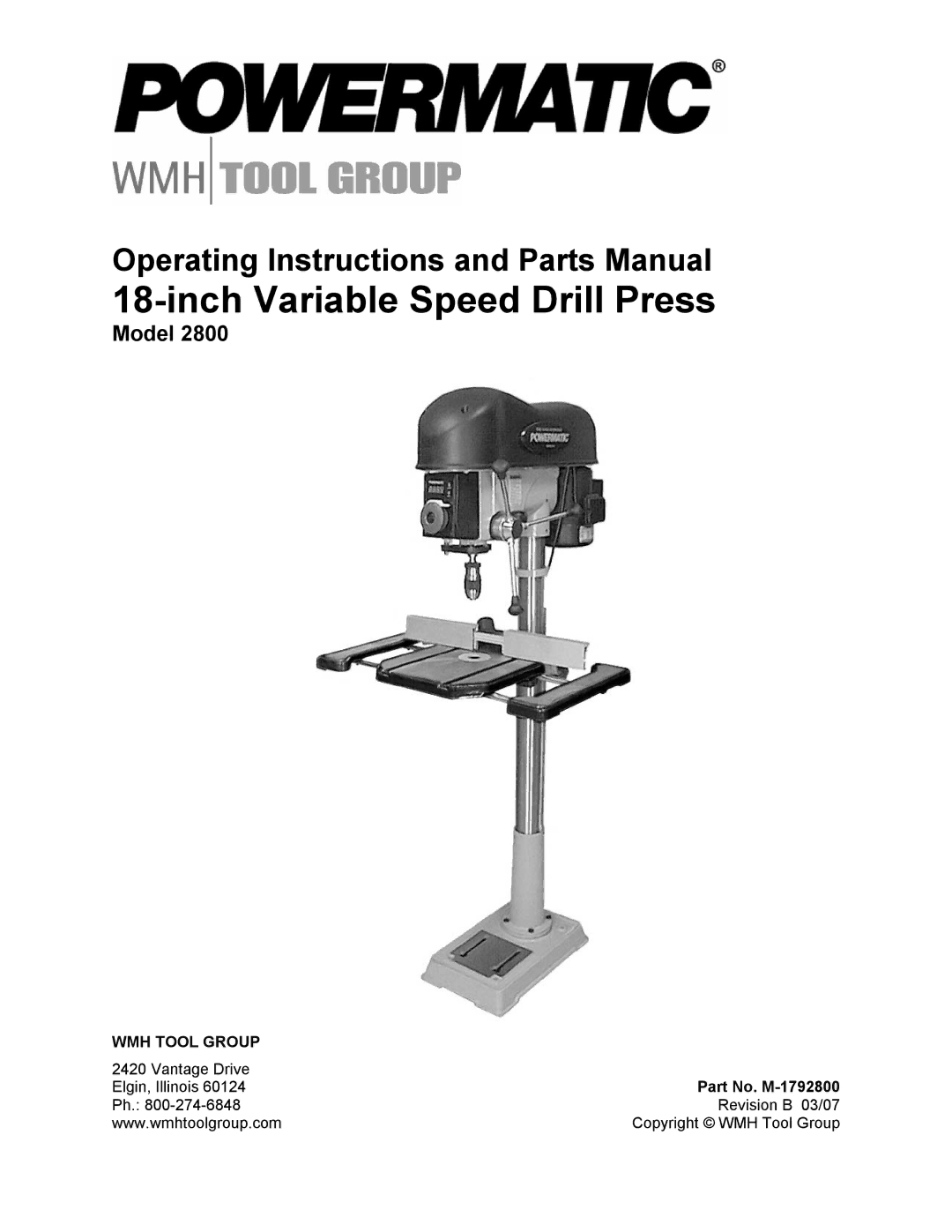 Powermatic operating instructions Inch Variable Speed Drill Press, Part No. M-1792800 