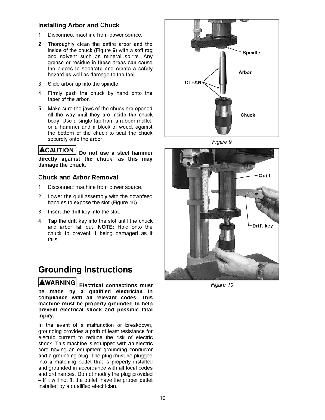 Powermatic 2800 operating instructions Grounding Instructions, Installing Arbor and Chuck, Chuck and Arbor Removal 