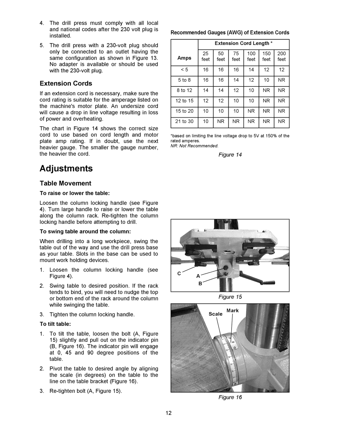 Powermatic 2800 operating instructions Adjustments, Extension Cords, Table Movement 