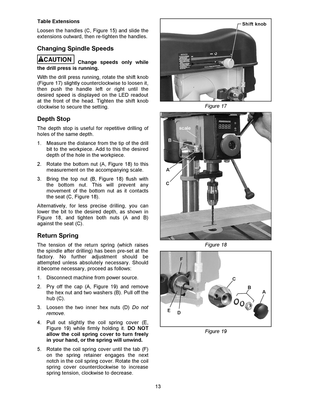 Powermatic 2800 operating instructions Changing Spindle Speeds, Depth Stop, Return Spring, Table Extensions 