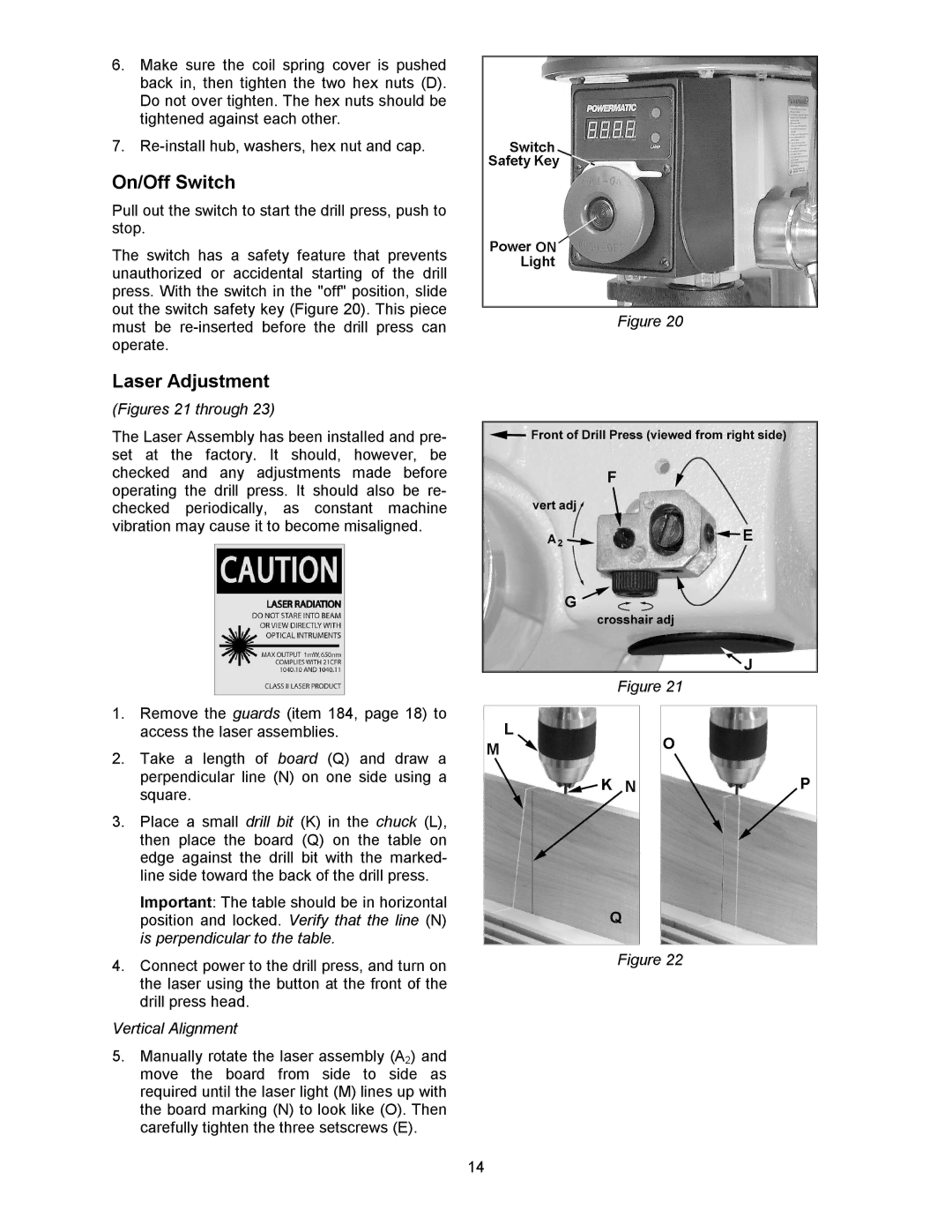 Powermatic 2800 operating instructions On/Off Switch, Laser Adjustment 