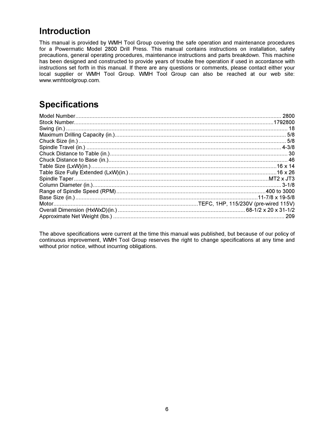 Powermatic operating instructions Introduction Specifications, 1792800 