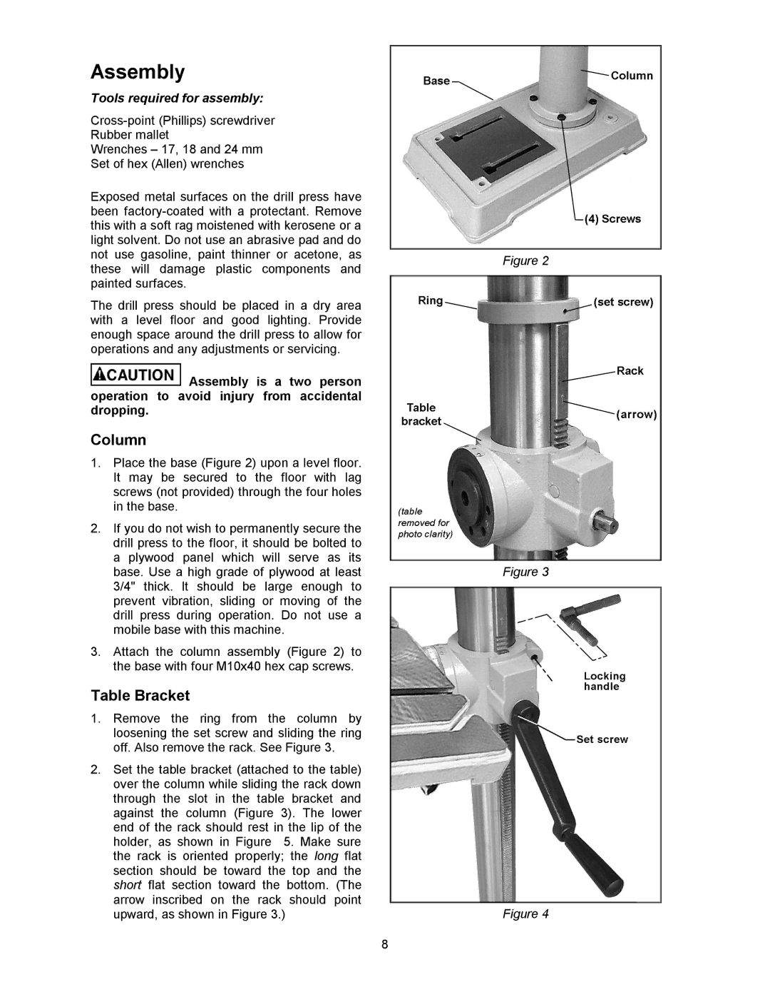 Powermatic 2800 operating instructions Assembly, Column, Table Bracket 