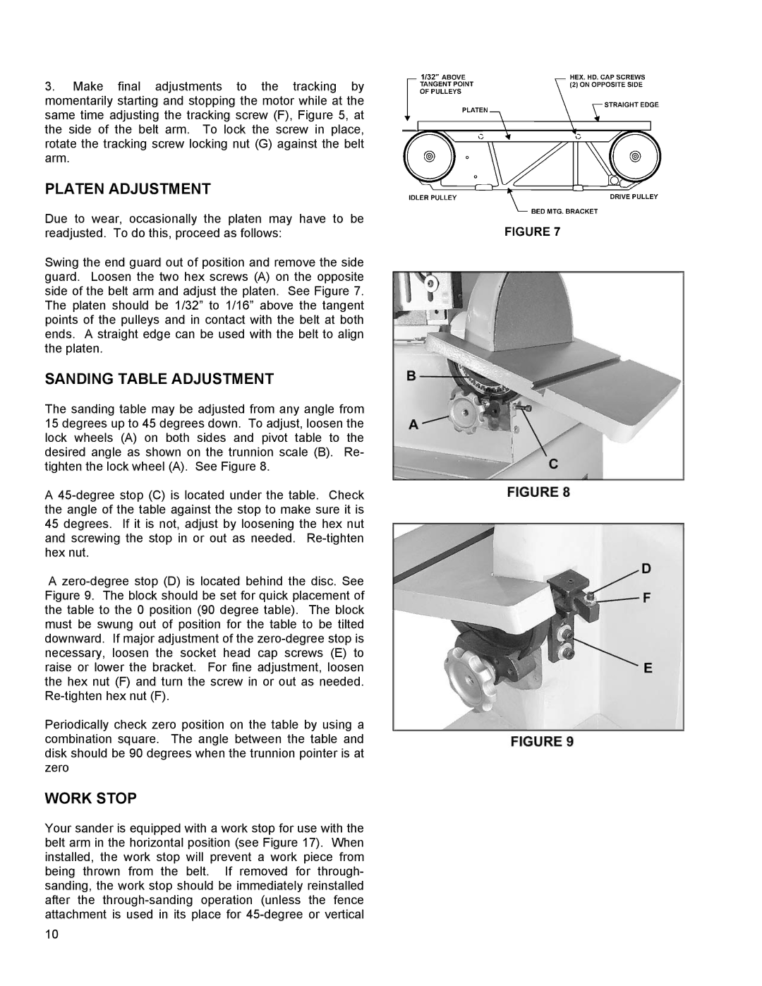 Powermatic 31A instruction manual Platen Adjustment, Sanding Table Adjustment, Work Stop 