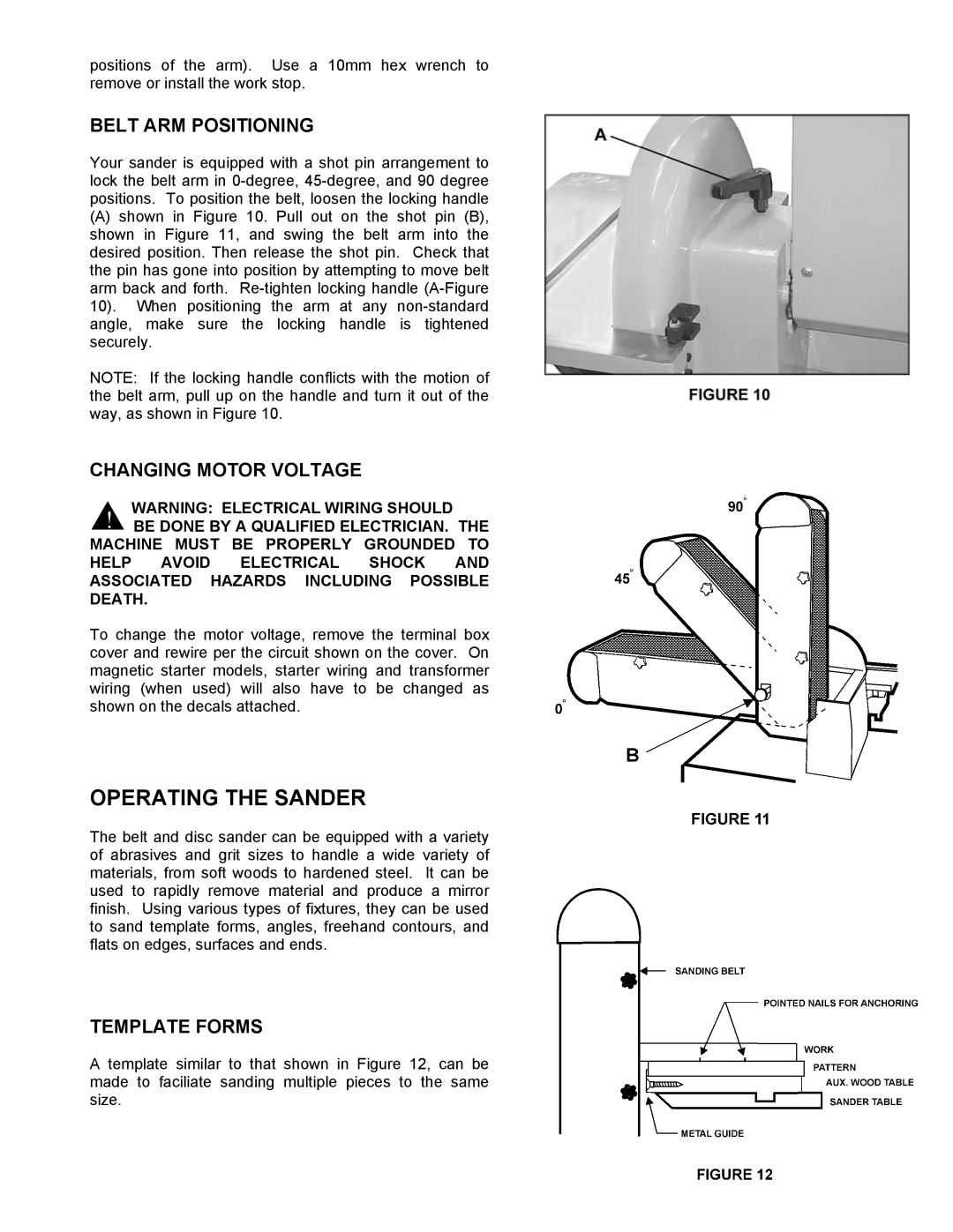 Powermatic 31A instruction manual Operating the Sander, Belt ARM Positioning, Changing Motor Voltage, Template Forms 