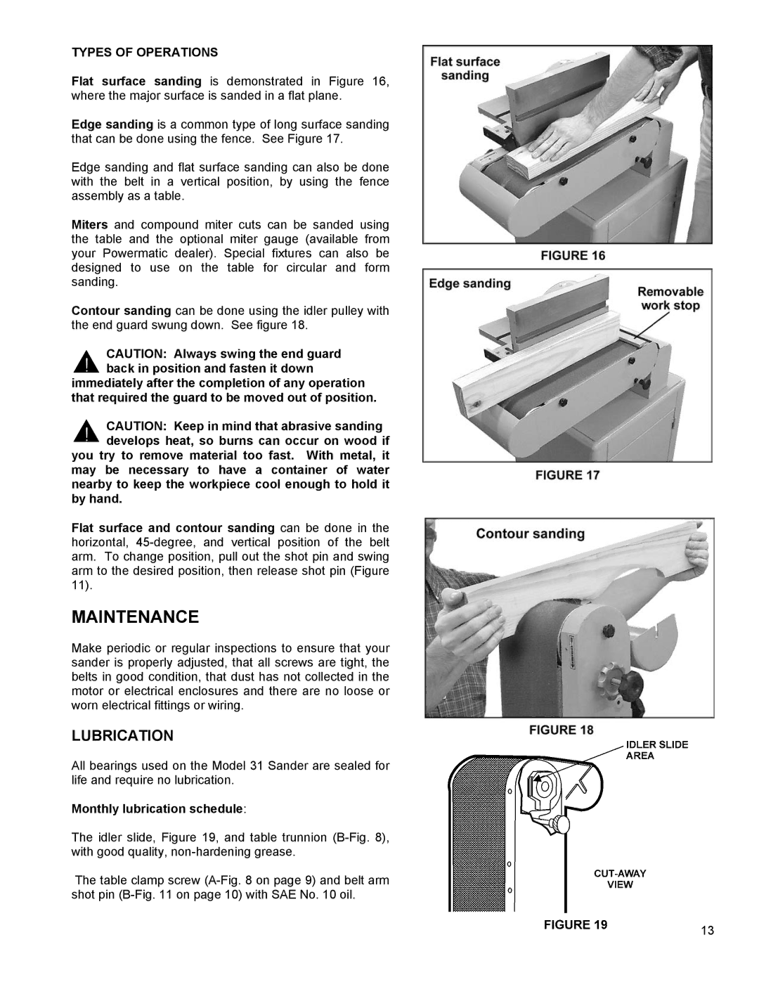 Powermatic 31A instruction manual Maintenance, Lubrication, Monthly lubrication schedule 