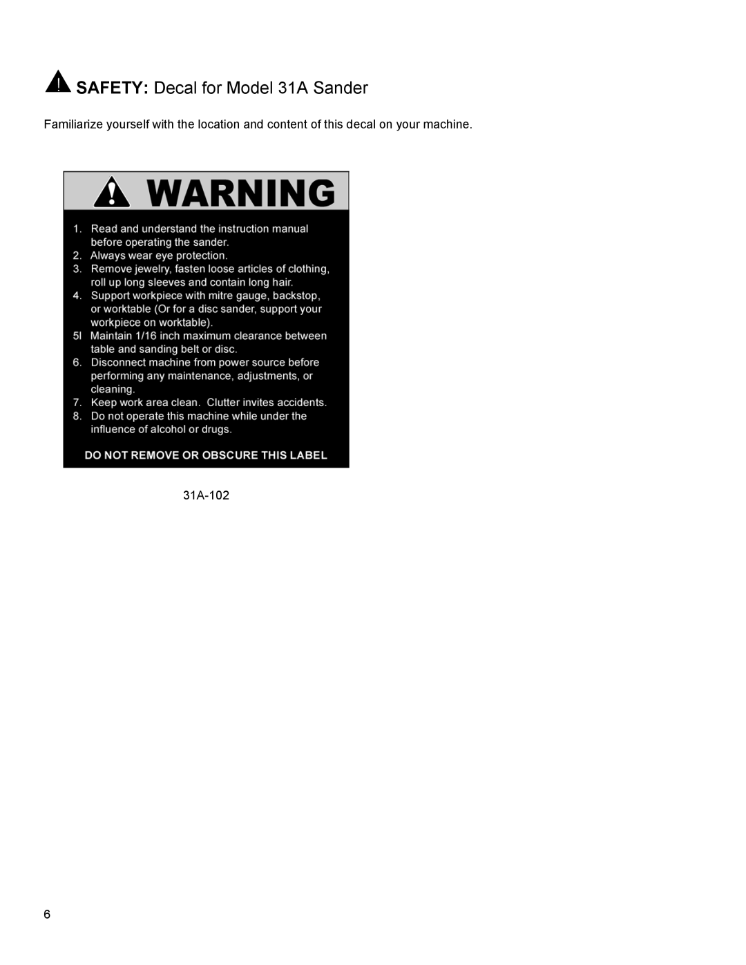 Powermatic instruction manual Safety Decal for Model 31A Sander 