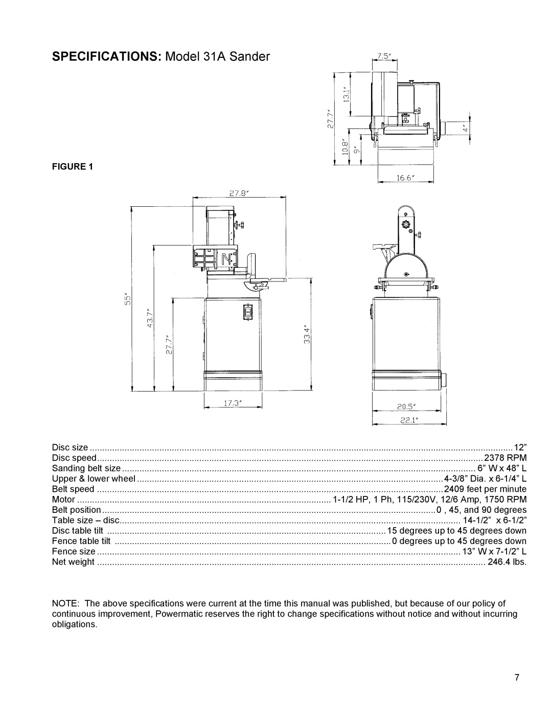 Powermatic instruction manual Specifications Model 31A Sander 