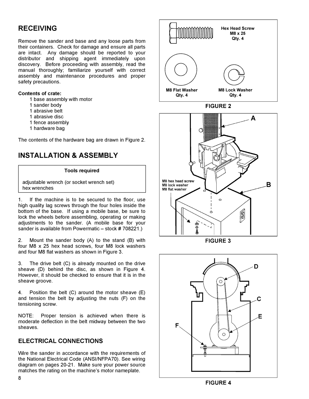 Powermatic 31A Receiving, Installation & Assembly, Electrical Connections, Contents of crate, Tools required 