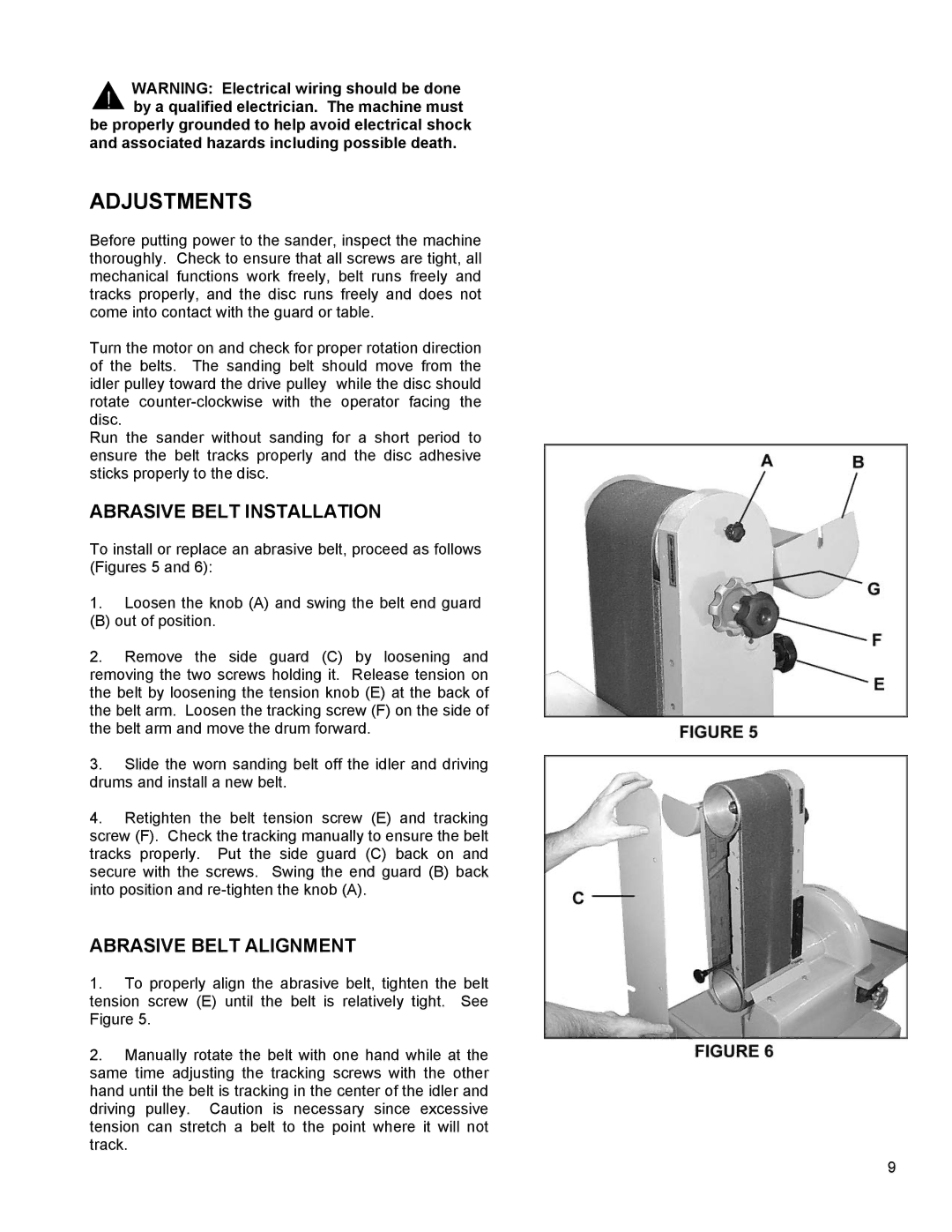 Powermatic 31A instruction manual Adjustments, Abrasive Belt Installation, Abrasive Belt Alignment 