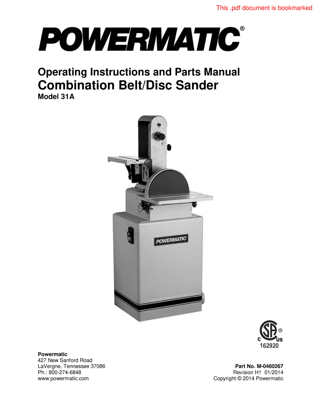 Powermatic 31A operating instructions Powermatic, Part No. M-0460267 