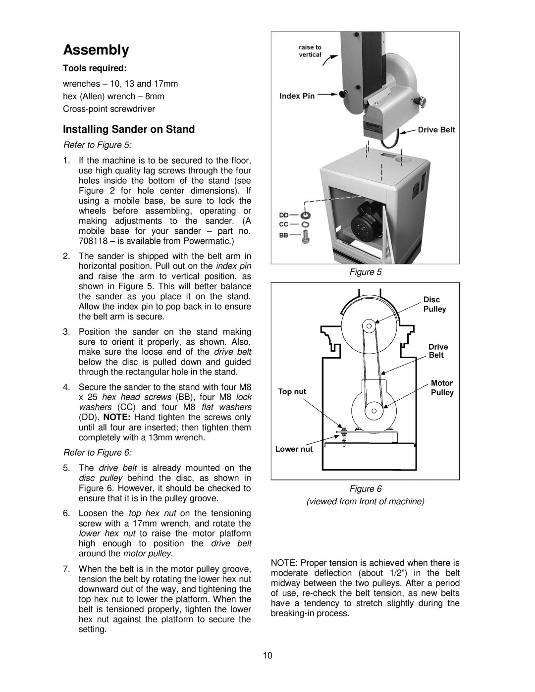 Powermatic 31A Assembly, Installing Sander on Stand, Tools required, Refer to Figure, Viewed from front of machine 