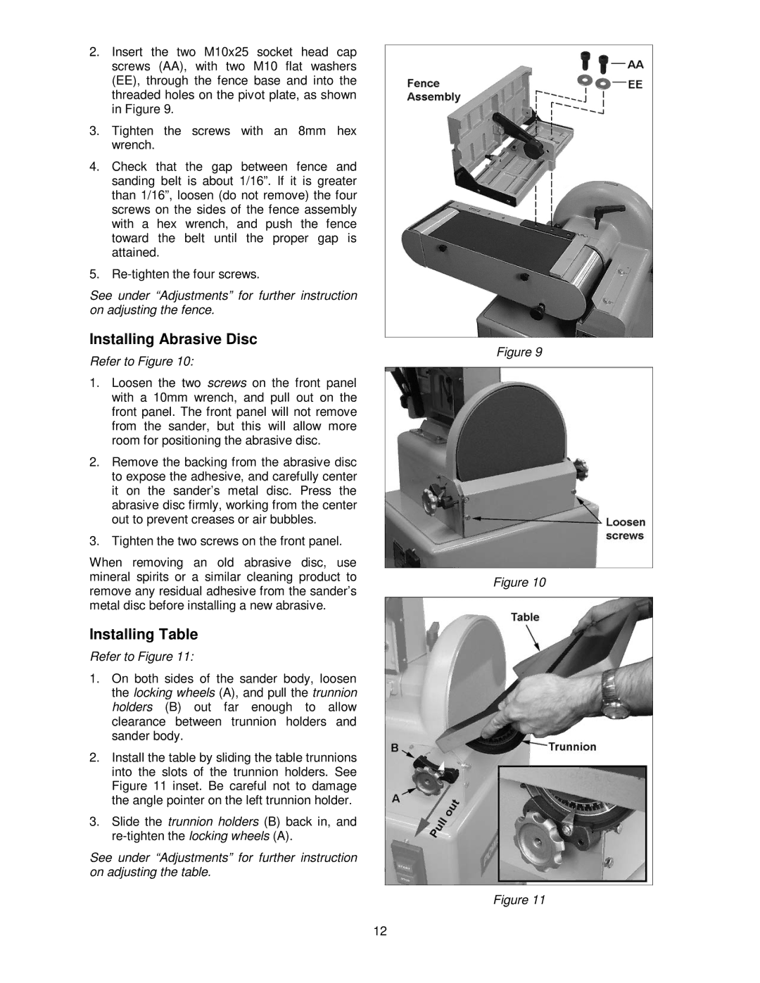 Powermatic 31A operating instructions Installing Abrasive Disc, Installing Table 