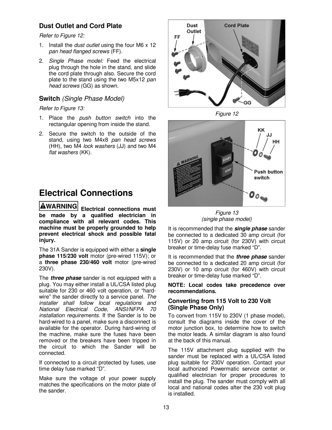 Powermatic 31A operating instructions Electrical Connections, Dust Outlet and Cord Plate, Single phase model 