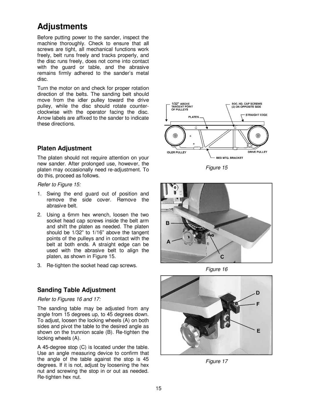 Powermatic 31A operating instructions Adjustments, Platen Adjustment, Sanding Table Adjustment, Refer to Figures 16 