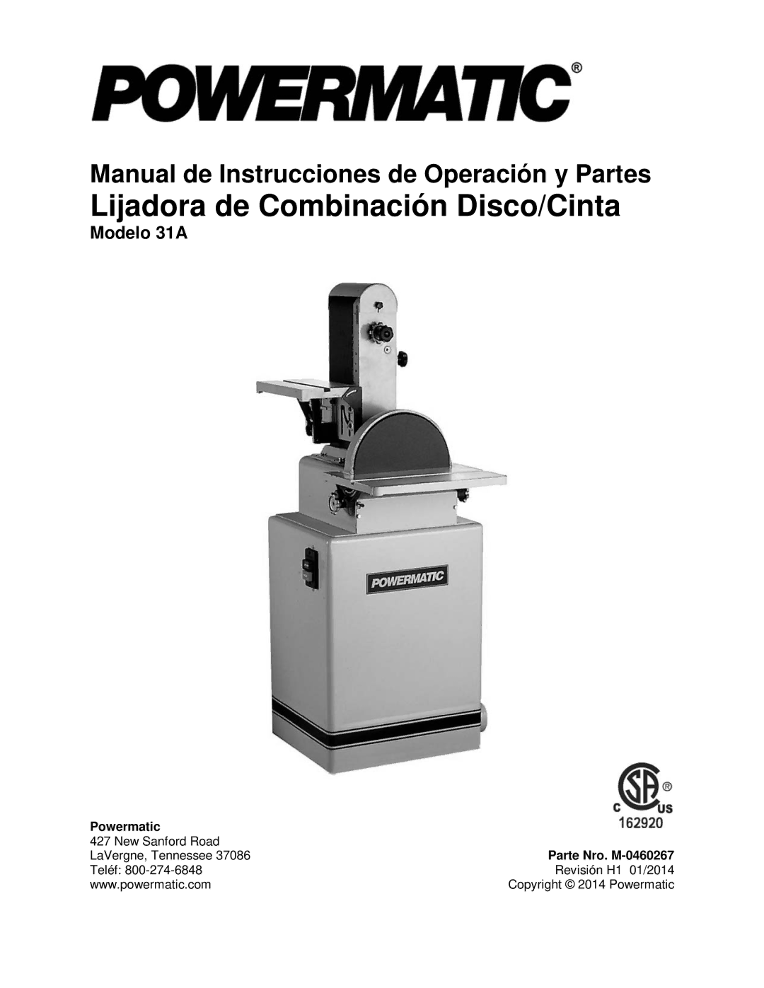 Powermatic 31A operating instructions Lijadora de Combinación Disco/Cinta, Parte Nro. M-0460267 