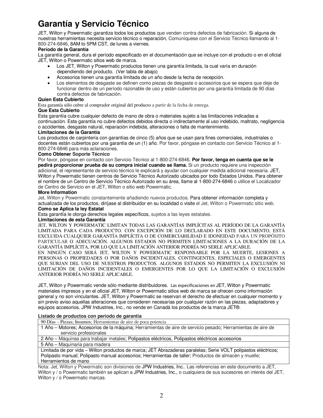 Powermatic 31A operating instructions Garantía y Servicio Técnico, Período de la Garantía 