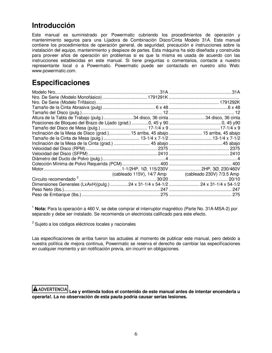 Powermatic 31A operating instructions Introducción Especificaciones 