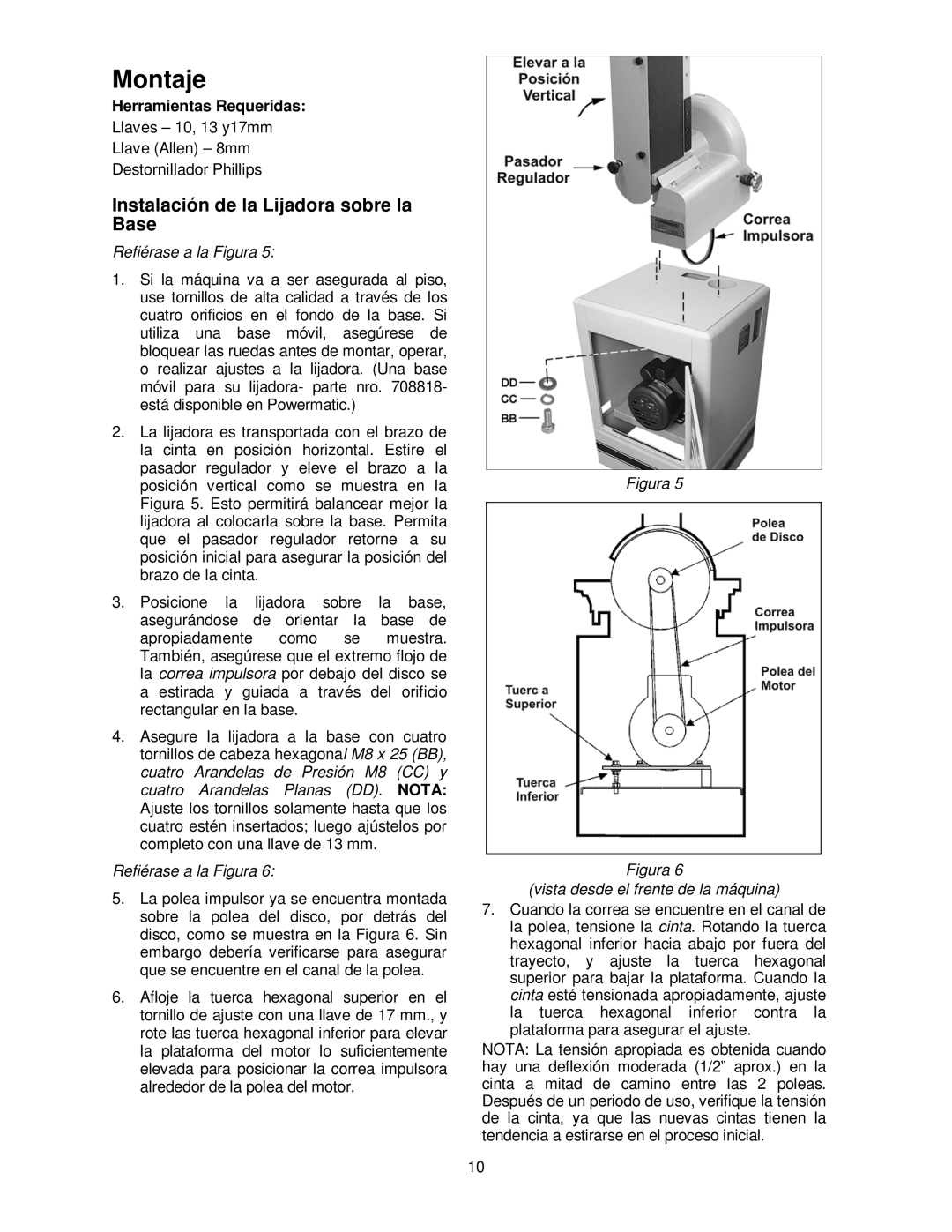 Powermatic 31A Montaje, Instalación de la Lijadora sobre la Base, Herramientas Requeridas, Refiérase a la Figura 