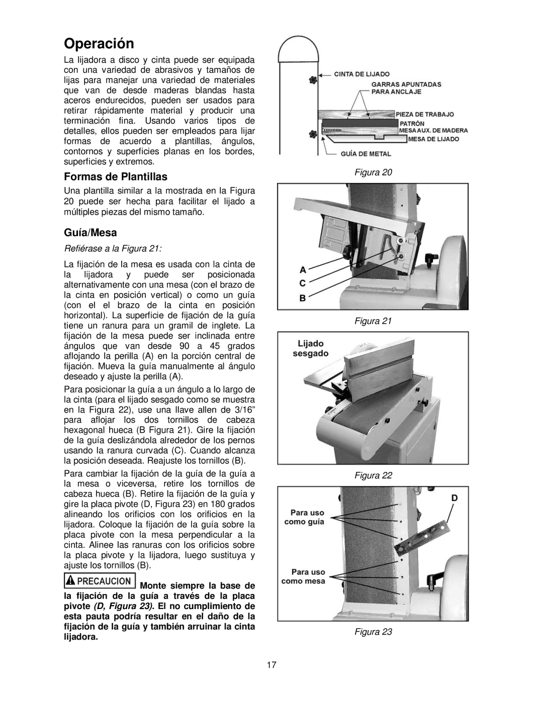 Powermatic 31A operating instructions Operación, Formas de Plantillas, Guía/Mesa 