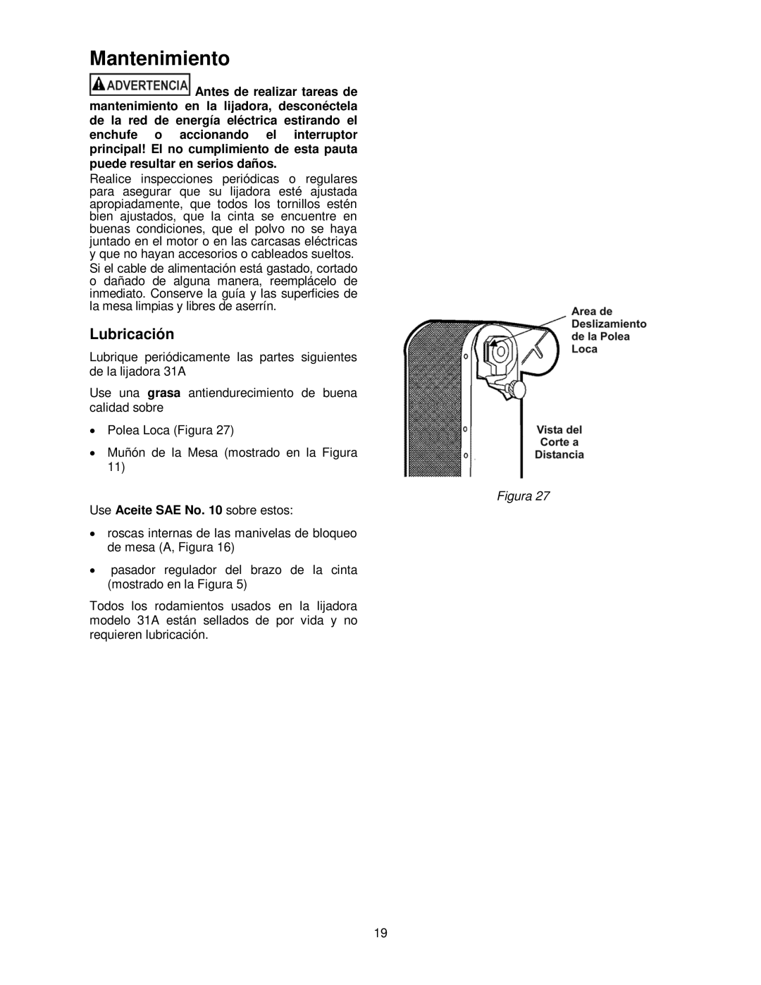 Powermatic 31A operating instructions Mantenimiento, Lubricación, Use Aceite SAE No sobre estos 