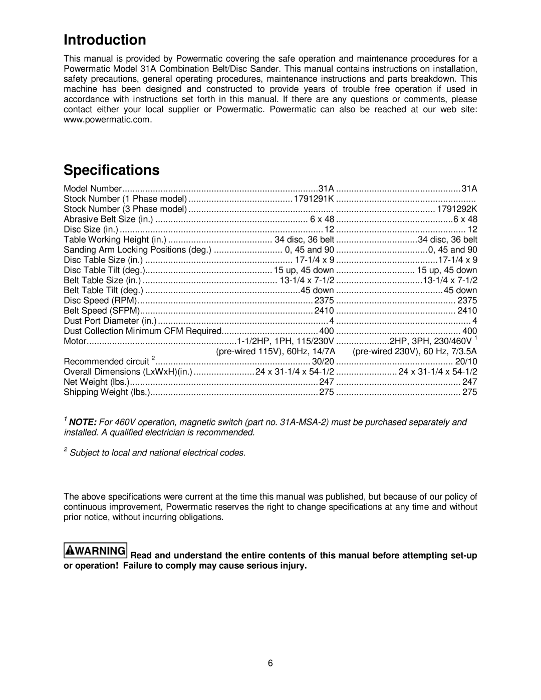 Powermatic 31A operating instructions Introduction Specifications, Subject to local and national electrical codes 