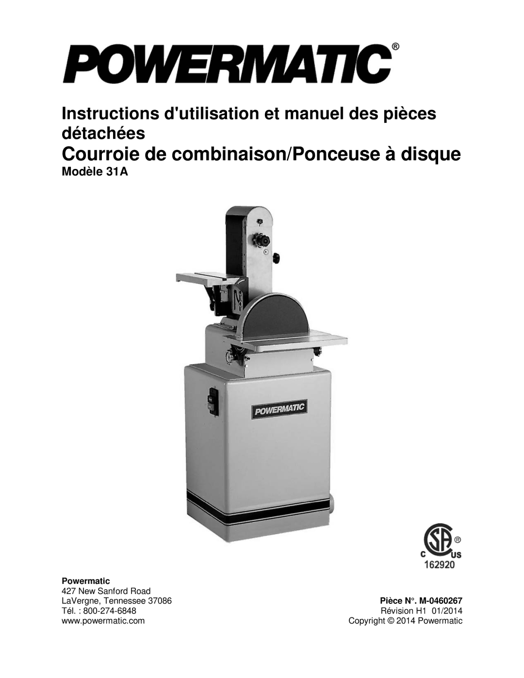 Powermatic 31A operating instructions Courroie de combinaison/Ponceuse à disque, Pièce N. M-0460267 