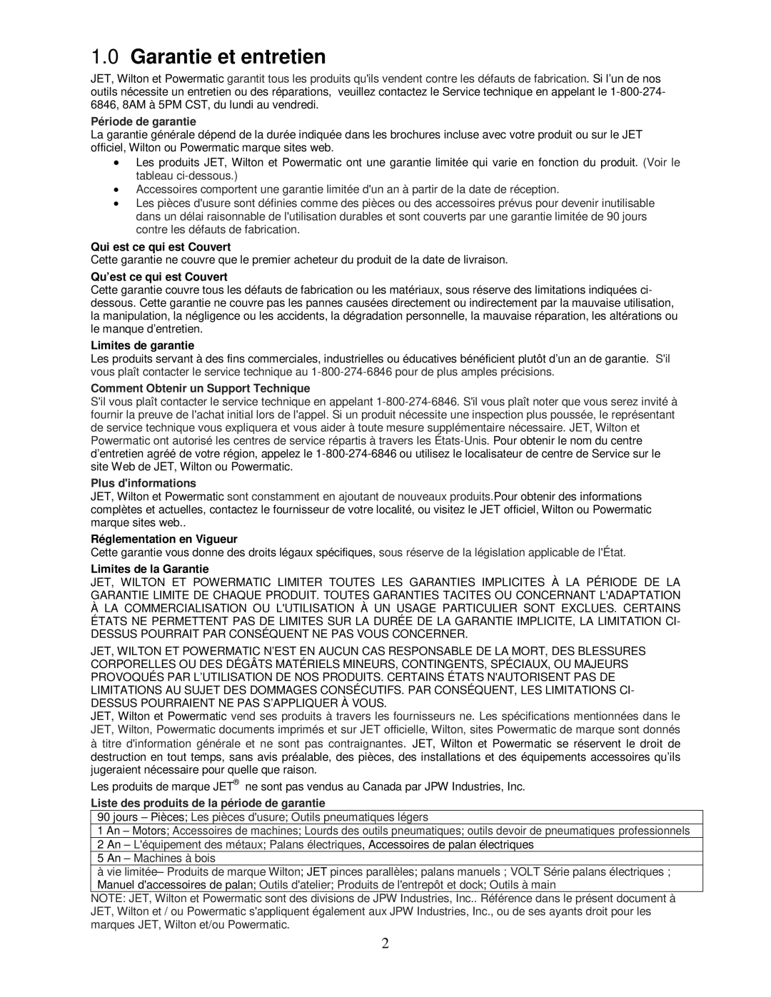 Powermatic 31A operating instructions Garantie et entretien, Période de garantie 