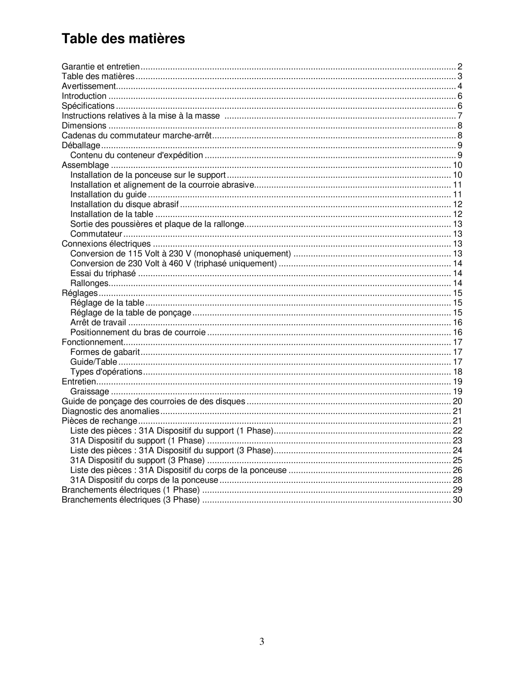 Powermatic 31A operating instructions Table des matières, Positionnement du bras de courroie 