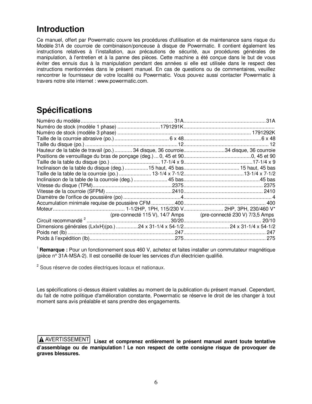 Powermatic 31A operating instructions Introduction Spécifications, 1791292K 