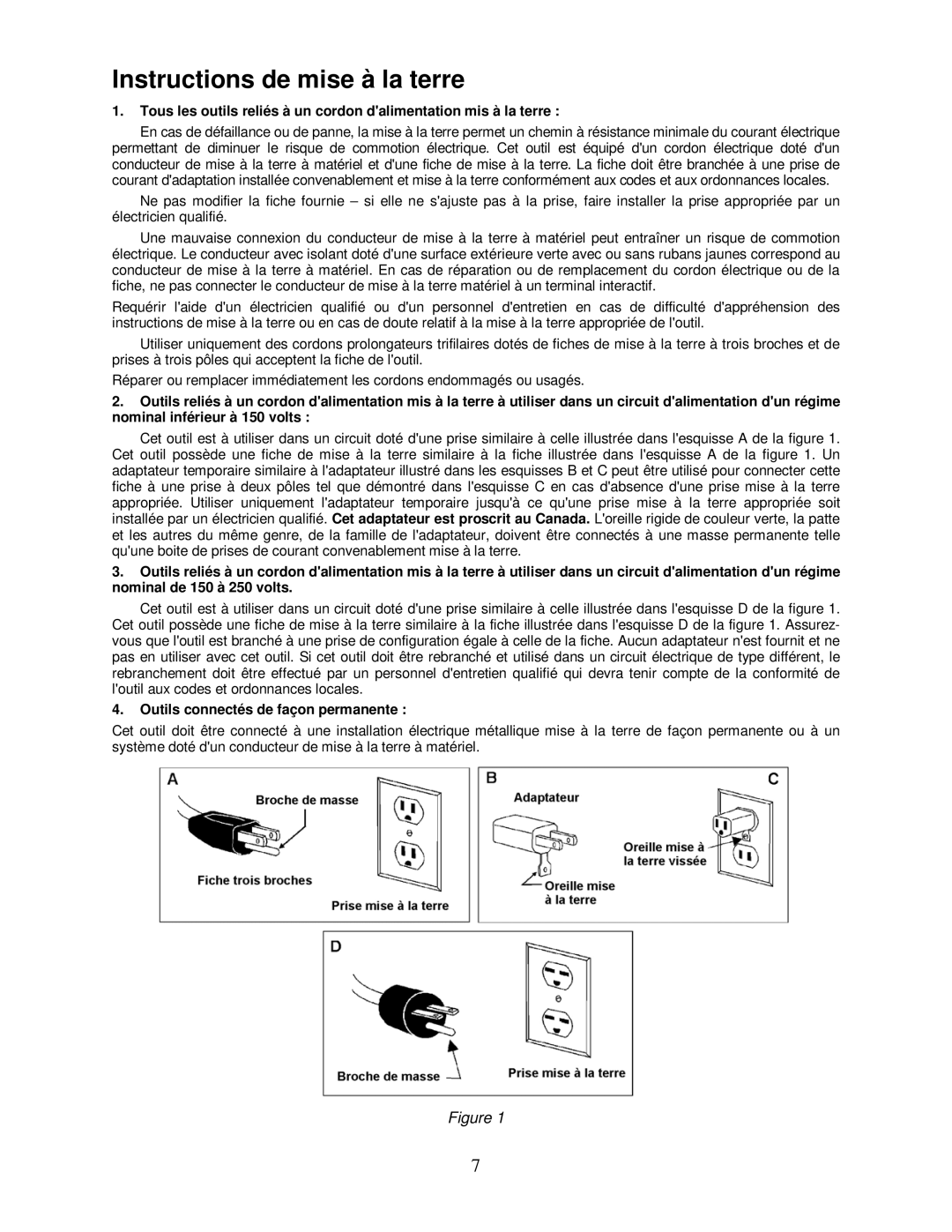 Powermatic 31A operating instructions Instructions de mise à la terre, Outils connectés de façon permanente 