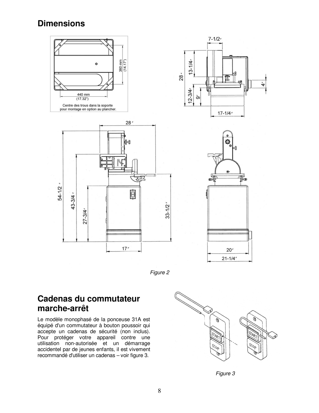 Powermatic 31A operating instructions Dimensions Cadenas du commutateur marche-arrêt 