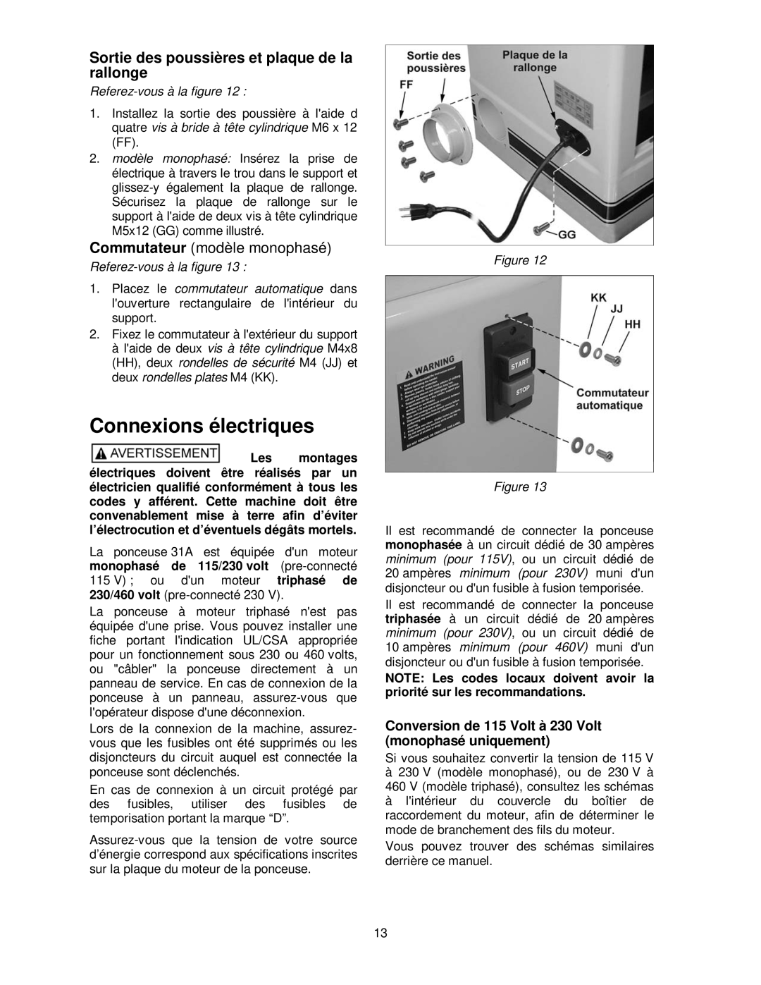 Powermatic 31A operating instructions Connexions électriques, Sortie des poussières et plaque de la rallonge 